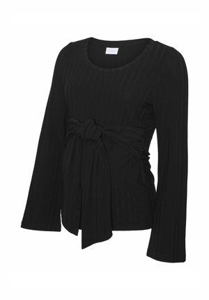 Črna rebrasta dolgosleeve majica s krožnim izrezom in zavezanim vozlom na pasu, izdelana iz teksturiranega, elastičnega materiala.