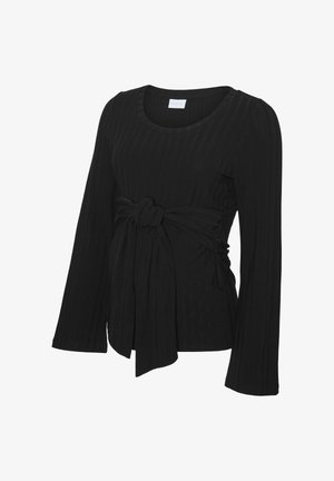 Must räbimisega must pikkade varrukatega särk, millel on ümmargune kaelus ja lipsuga detail vöökohal, valmistatud tekstuurist ja venivast kangast.