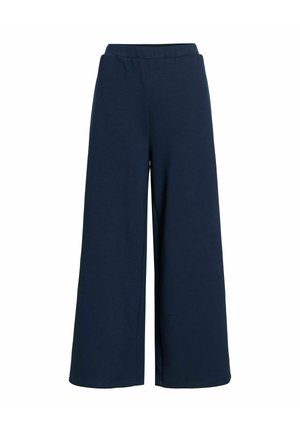 Pantalon large bleu marine avec taille élastique, fabriqué en tissu doux et lisse, présenté sur fond blanc.