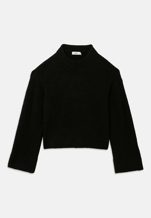 Black cropped sweater with a high neckline and long sleeves, made from a soft, textured fabric. Ribbed cuffs enhance the design.