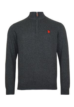 Dark gray pullover sweater with a quarter-zip collar, ribbed cuffs, and hem. Features a small red logo on the left chest. Made of textured fabric.