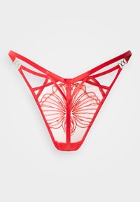 Κόκκινο δαντελένιο στρινγκ με περίτεχνη κεντητική λουλουδιών, διαφανή τμήματα από δίχτυ και σατινένιες τιράντες με χρυσές μεταλλικές λεπτομέρειες.