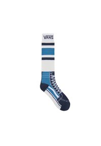 Blå och vita strumpor designade för att likna en sneaker, med en logotyp högst upp, ränder och detaljerad snörningsmönster.