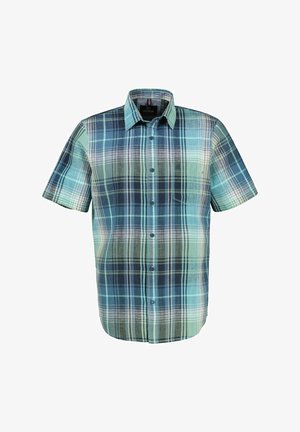 Kurzarm-Hemd mit Knöpfen in einem blau-grünen Karo-Muster, ausgestattet mit einer Brusttasche und einem klassischen Kragen-Design.