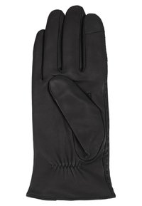 Black leather glove with a smooth texture, five finger design, and elastic wrist detail. Features stitched accents along the seams.