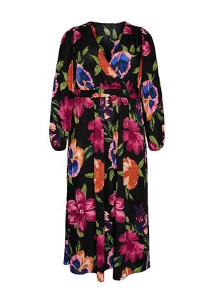 Robe midi noire à manches longues, col en V, avec un imprimé floral audacieux en rose, orange, bleu, et feuilles et pétales verts.