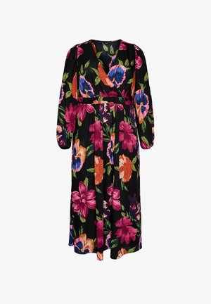 Sort midi-kjole med lange ærmer, V-hals og dristigt blomsterprint i pink, orange, blå og grønne blade og kronblade.