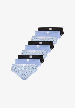 Dziewięć par damskich majtek w jasnoniebieskim i czarnym kolorze, z różnymi kwiatowymi wzorami i koronkową lamówką; wykonane z miękkiego, elastycznego materiału.