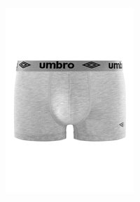 Boxer briefs en coton gris avec une ceinture élastique noire et grise arborant le logo "Umbro" et un petit emblème sur le bas à gauche.