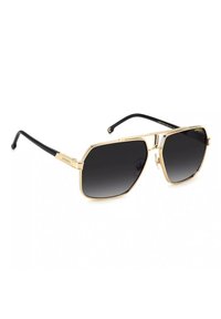 Occhiali da sole in metallo dorato con dettagli neri, lenti rettangolari oversize in gradiente nero e un design decorativo sulla cerniera delle aste.