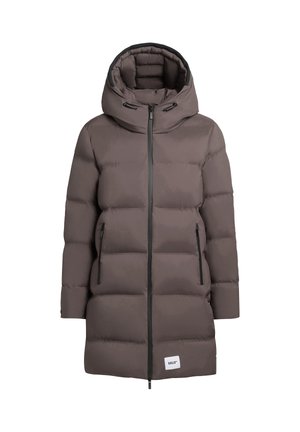 Gevoerde, knielange jas in donkergrijs met een capuchon. Heeft een voorrits, twee zijzakken met ritssluiting en een logopatch aan de zoom.