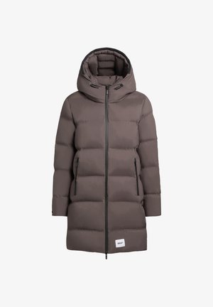 Padded, knee-length coat in dark grey with a hood. Features a front zipper, two zippered side pockets, and logo patch at the hem.