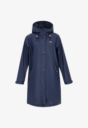 Tumed veekindel vihmajope kapuutsiga, nööpide ja küljetaskutega, millel on sile ja läikiv tekstuur. Rinnal on väike logo.