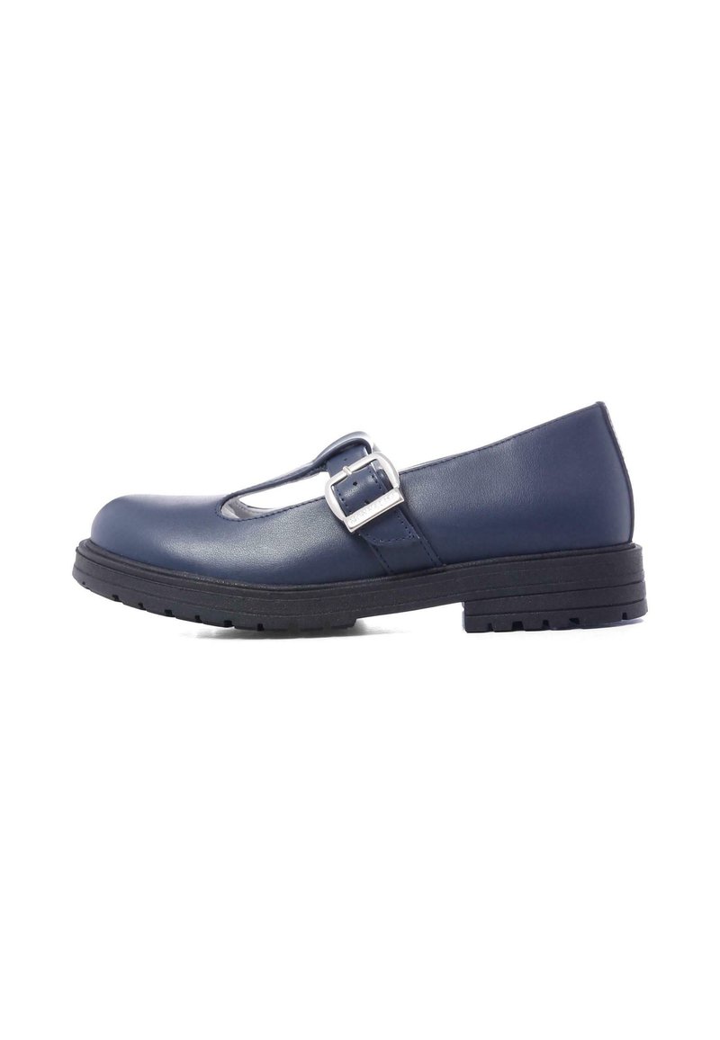 Scarpa Mary Jane in pelle blu navy con cinturino a T e fibbia argentata, caratterizzata da una punta tondeggiante e una suola in gomma nera strutturata.