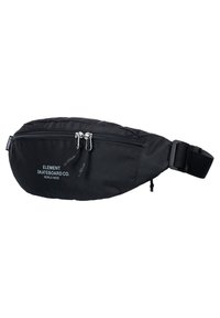 Black fanny pack made of durable fabric, featuring a rounded shape, two zippered compartments, and the text "ELEMENT SKATEBOARD CO. WORLD WIDE."