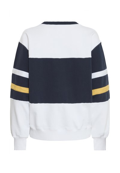 Sweatshirt în dungi bleumarin, alb și galben. Material din bumbac cu guler rotund, mâneci lungi și manșete ribbate. Prezentă blocuri de culoare orizontale.