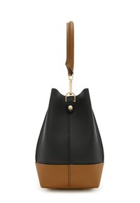 Black leather bucket bag with a brown base, a top handle, gold hardware, and a textured finish. Silhouette tapers upwards to an open top.