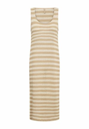 Beige ja kreemikat värvi triibuline kootud kleit, millel on ilma varrukateta disain ja ümmargune kaelus, sirge lõike ja sileda tekstuuriga.