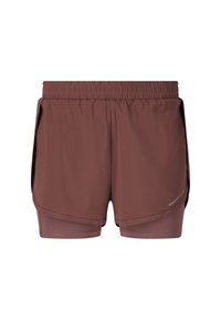 Braune Sportshorts mit elastischem Bund, Innenteil und Seitenschlitzen für Belüftung. Die Oberfläche ist glatt und aus leichtem Material gefertigt.
