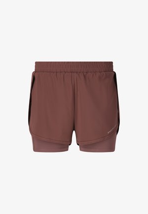Brune atletiske shorts med elastisk talje, inderside og sidelufter for ventilation. Overfladen er glat med et letvægtigt stof.