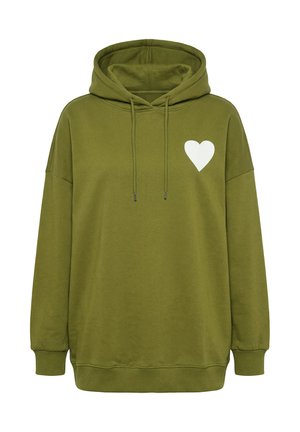 Olive green hoodie with long sleeves, front pocket, drawstring hood, and a white heart graphic on the left chest.