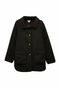 Musta fleece-takki, jossa on kaulukset, napitettu etuosa ja kaksi läpässä olevaa taskua. Pehmeä rakenne ja rento siluetti.