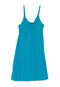 Un vestito senza maniche turchese realizzato in tessuto morbido, con un dettaglio centrale a nodo e un design della gonna fluente, ideale per un abbigliamento casual.