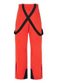 Pantalons d'extérieur rouges avec des accents noirs et des bretelles noires ajustables. Présentent une coupe droite et des aérations latérales pour la ventilation.