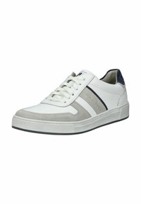 Hvide sneakers med grå suede accenter, tekstureret gummisål og marineblå detaljer. Har to stribe designs og klassisk snørelukning.
