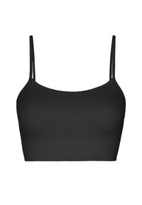 Brassière noire côtelée avec fines bretelles, un col rond et une large bande, fabriquée en tissu extensible et doux pour un maximum de confort.