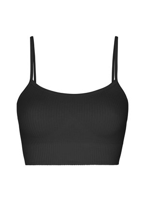 Zwarte geribde bralette met dunne bandjes, een ronde halslijn en een brede band, gemaakt van zachte rekbare stof voor comfort.