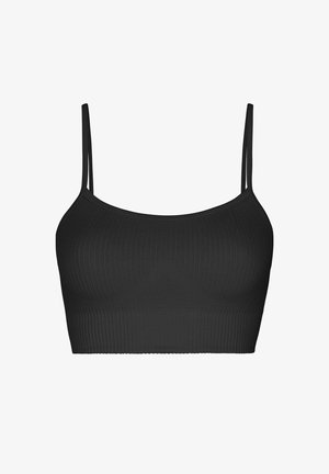 Brassière noire côtelée avec fines bretelles, un col rond et une large bande, fabriquée en tissu extensible et doux pour un maximum de confort.