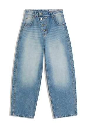 Modré džínsové nohavice s vysokým pásom, širokými nohavicami, zapínaním na gombíky a vyblednutými detailmi na predných stehnách a vreckách.