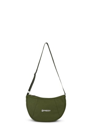 Sac à épaule en tissu vert olive avec une forme incurvée, fermeture éclair, bandoulière réglable et un logo visible sur le devant.