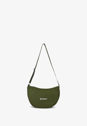 Borsa a spalla in tessuto verde oliva con forma curva, chiusura con zip, tracolla regolabile e logo visibile sulla parte anteriore.