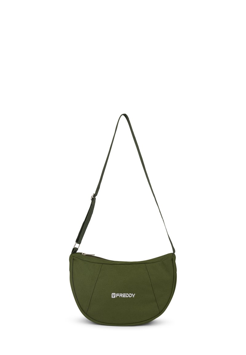 Borsa a spalla in tessuto verde oliva con forma curva, chiusura con zip, tracolla regolabile e logo visibile sulla parte anteriore.