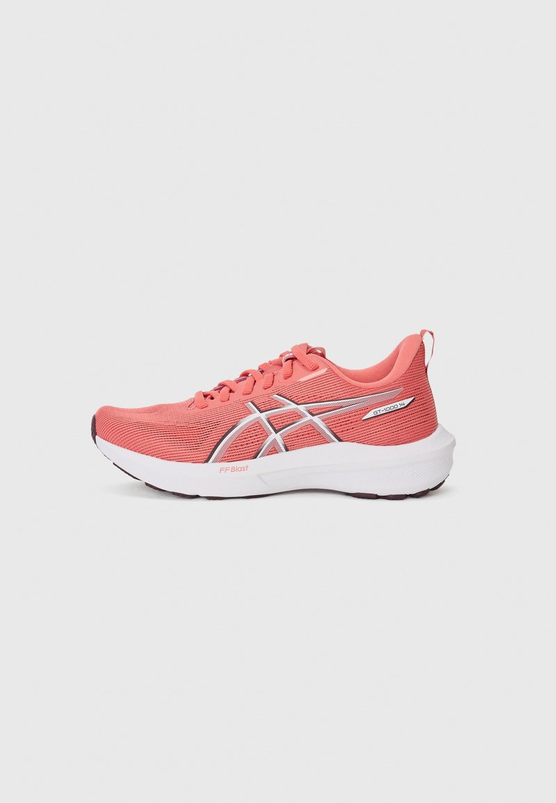 Coral running shoes with a breathable mesh upper, white midsole, and silver accents. Features a padded collar and textured outsole for grip.