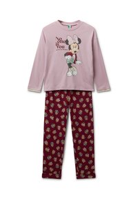 Maglietta da notte rosa a maniche lunghe con grafica di Minnie Mouse e slogan; abbinata a pantaloni bordeaux con un motivo ripetuto di Minnie Mouse.