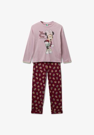 Maglietta da notte rosa a maniche lunghe con grafica di Minnie Mouse e slogan; abbinata a pantaloni bordeaux con un motivo ripetuto di Minnie Mouse.