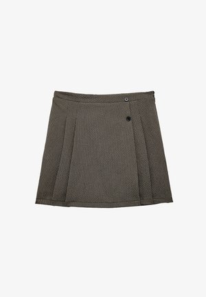 Grau gewebter Rock mit taillierter Passform, zwei Knöpfen an der Seite und scharfen Falten an der Vorderseite. Strukturierter Stoff mit einem dezenten Muster.