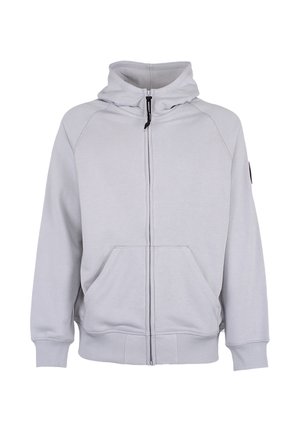 Felpa con cappuccio grigio chiaro con zip, tasca a marsupio sul davanti, maniche lunghe e cappuccio con coulisse, mostrata su sfondo bianco.