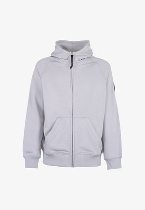 Felpa con cappuccio grigio chiaro con zip, tasca a marsupio sul davanti, maniche lunghe e cappuccio con coulisse, mostrata su sfondo bianco.
