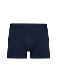 Marineblauwe boxershorts met een textuurband die de merknaam toont. Zacht materiaal, aansluitend ontwerp en standaardlengte met een voorknop.