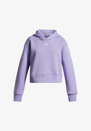 Lila cropped huppari, jossa on pitkät hihat, ribatut hihansuut ja helma sekä pieni valkoinen Under Armour -logo keskellä rintaa.