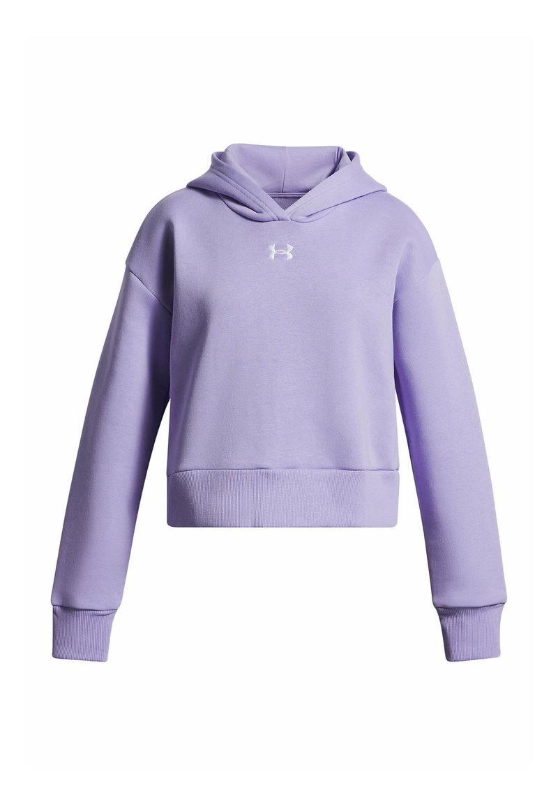 Lila cropped huppari, jossa on pitkät hihat, ribatut hihansuut ja helma sekä pieni valkoinen Under Armour -logo keskellä rintaa.