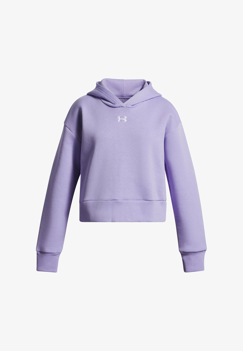 Felpa cropped lavanda con maniche lunghe, polsini e orlo a coste, e piccolo logo bianco Under Armour centrato sul petto.