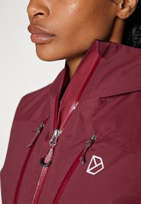 Veste bordeaux avec un col haut, fermeture éclair à l'avant et logo. Le matériau semble lisse, avec des accents de fermeture éclair brillants et des coutures contrastées.