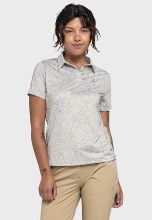 Kurzärmliges Poloshirt in Hellgrau mit bl floralem Muster, Knopfleiste und Detail am Kragen. Hergestellt aus weichem, atmungsaktivem Stoff.