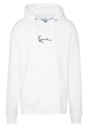 White hoodie made from soft fabric, featuring a front pocket and a black signature logo on the chest, adjustable drawstring hood.
