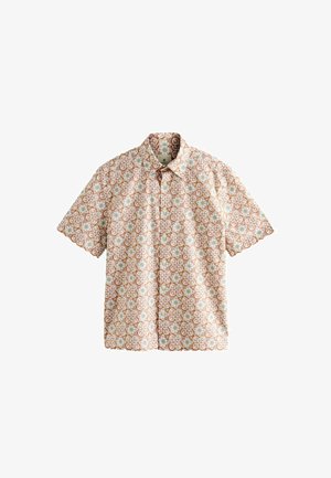 Kurzärmeliges Hemd in hellbraun mit floralem und geometrischem Muster. Aus einem Stoff mit glatter Textur und einem Button-Down-Kragen.
